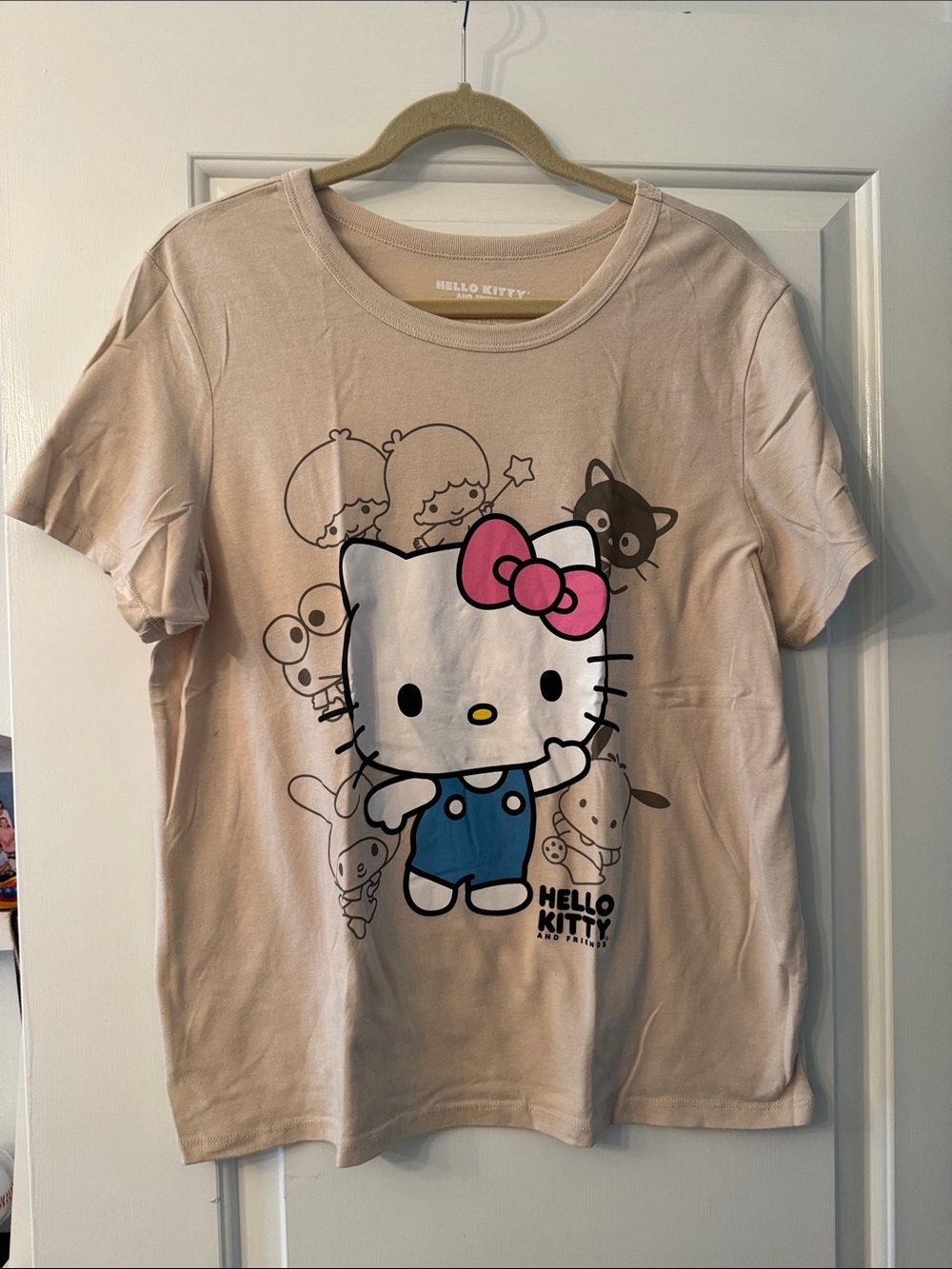 Hello Kitty Beige Tee with Pink Bow and Blue Overalls